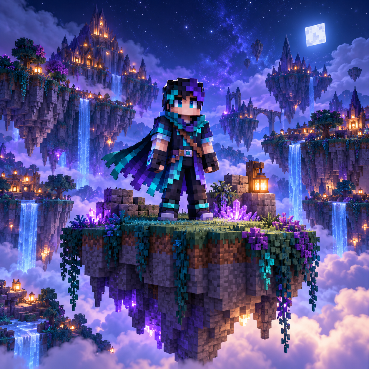 Personnage Minecraft sur une île flottante sous un ciel étoilé